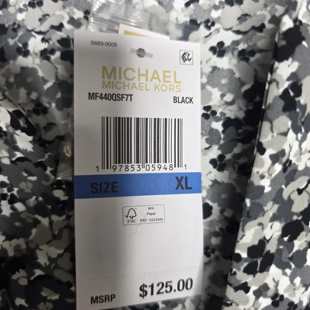 Michael Kors Womens XL Black Gray Floral V Neck Button Blouse Top Long Sleeve